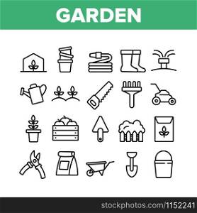 Garden Farming Tool Collection Icons Set Vector Thin Line. Boots And Saw, Fork And Shovel, Shears And Bucket, Garden Equipment Concept Linear Pictograms. Monochrome Contour Illustrations. Garden Farming Tool Collection Icons Set Vector