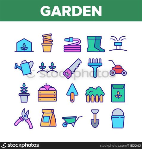 Garden Farming Tool Collection Icons Set Vector Thin Line. Boots And Saw, Fork And Shovel, Shears And Bucket, Garden Equipment Concept Linear Pictograms. Color Contour Illustrations. Garden Farming Tool Collection Icons Set Vector