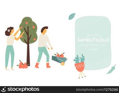 Garden festival invitation template with tiny farmers. Festival poster and banner colorful design. Garden festival invitation template with farmers