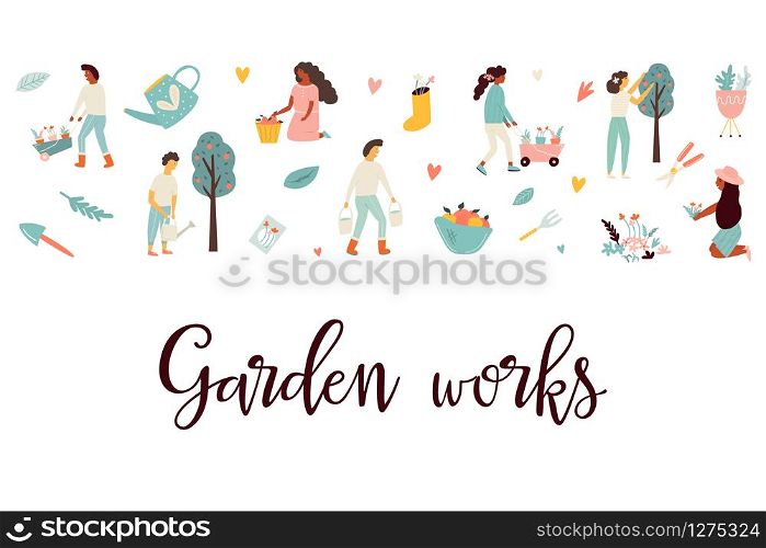 Garden festival invitation template with tiny farmers. Festival poster and banner colorful design. Garden festival invitation template with farmers