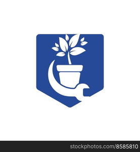 Garden fix vector logo concept. Flower pot and wrench logo icon. 