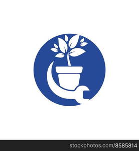 Garden fix vector logo concept. Flower pot and wrench logo icon. 