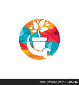 Garden fix vector logo concept. Flower pot and wrench logo icon. 