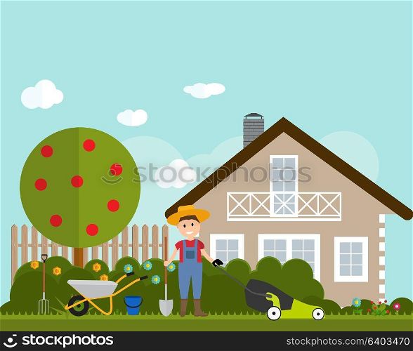 Garden Flat Background Vector Illustration. Farmer Gardener Man. EPS10. Garden Flat Background Vector Illustration. Farmer Gardener Man