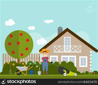 Garden Flat Background Vector Illustration. Farmer Gardener Man. EPS10. Garden Flat Background Vector Illustration. Farmer Gardener Man
