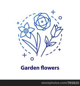 Garden flowers concept icon. Botany idea thin line illustration. Roses, daffodil. Vector isolated outline drawing. Garden flowers concept icon