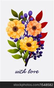 Garden flowers. Floral card, bouquet with yellow Anemones and colored leaves and with love text. Love card. Vector illustration. Garden flowers. Floral card, bouquet with yellow Anemones and colored leaves and with love text. Love card. Vector illustration.