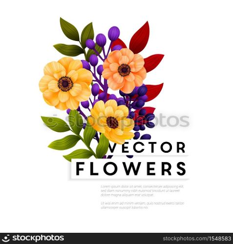 Garden flowers. Floral card, bouquet with yellow Anemones and colored leaves. Forest bouquet print. Floral template with place for text.. Vector illustration.. Garden flowers. Floral card, bouquet with yellow Anemones and colored leaves. Forest bouquet print. Floral template with place for text.. Vector illustration