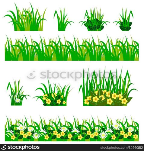 Garden flowers set. Chamomiles, yellow flowers, green leaves, grass compositions, can be used as elements for scenes and landscape backgrounds creating. Vector illustration, isolated on white background