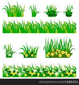 Garden flowers set. Chamomiles, yellow flowers, green leaves, grass compositions, can be used as elements for scenes and landscape backgrounds creating. Vector illustration, isolated on white background