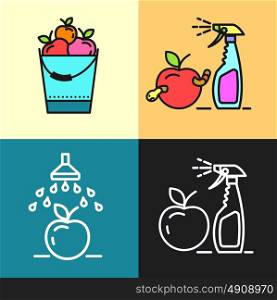 Garden, fruit crops, watering, spraying from garden pests, gardening, vector icons.