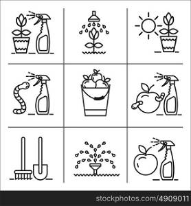 Garden, fruit, harvest, watering, spraying of garden pest, garden care, garden tools, set of vector icons.