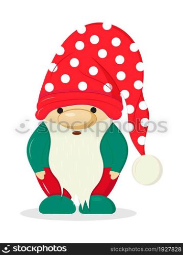 Garden gnome statue. Dwarf vector. Christmas, Santa&rsquo;s fairy helper illustration. Gnome with beard in cartoon style. Leprechaun character in red hat.. Garden gnome statue. Dwarf vector. Christmas, Santa&rsquo;s fairy helper illustration. Gnome with beard in cartoon style.