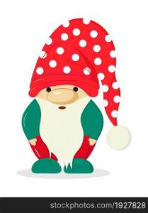 Garden gnome statue. Dwarf vector. Christmas, Santa&rsquo;s fairy helper illustration. Gnome with beard in cartoon style. Leprechaun character in red hat.. Garden gnome statue. Dwarf vector. Christmas, Santa&rsquo;s fairy helper illustration. Gnome with beard in cartoon style.
