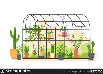Garden greenhouse. Glass botanical orangery house with cactus and tropical cultivated plants in pot. Cartoon greenery nature vector concept. Botanical orangery, greenhouse for cultivation illustration. Garden greenhouse. Glass botanical orangery house with cactus and tropical cultivated plants in pots. Cartoon greenery nature vector concept