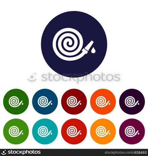 Garden hose set icons in different colors isolated on white background. Garden hose set icons