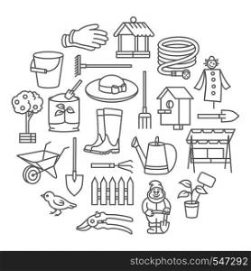 Garden icon tool sale banner set set in thin line style