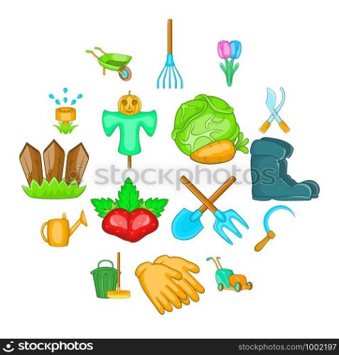 Garden icons set in cartoon style. Gardening set isolated vector illustration. Garden icons set, cartoon style