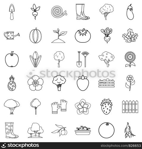 Garden icons set. Outline style of 36 garden vector icons for web isolated on white background. Garden icons set, outline style