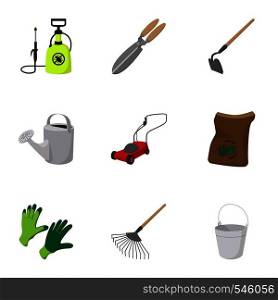 Garden items icons set. Cartoon illustration of 9 garden items vector icons for web. Garden items icons set, cartoon style