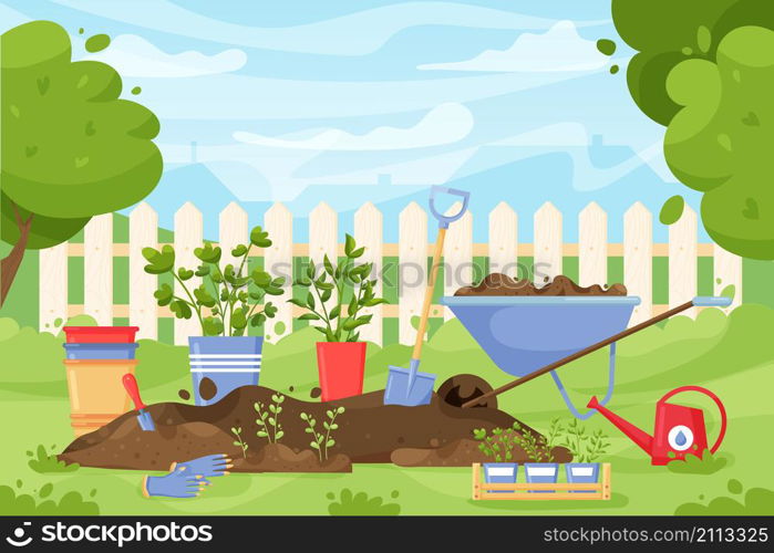 Garden landscape. Cartoon concept with spring and summer garden scene with tools and instruments for agriculture and soil work. Vector illustration landscapes summertime gardening. Garden landscape. Cartoon concept with spring and summer garden scene with tools and instruments for agriculture and soil work. Vector illustration