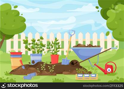 Garden landscape. Cartoon concept with spring and summer garden scene with tools and instruments for agriculture and soil work. Vector illustration landscapes summertime gardening. Garden landscape. Cartoon concept with spring and summer garden scene with tools and instruments for agriculture and soil work. Vector illustration