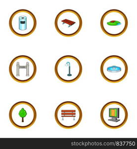 Garden landscape icons set. Cartoon style set of 9 garden landscape vector icons for web design. Garden landscape icons set, cartoon style