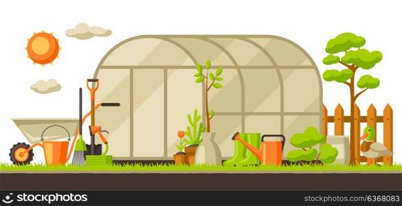 Garden landscape illustration with plants and tools. Season gardening concept. Garden landscape illustration with plants and tools. Season gardening concept.