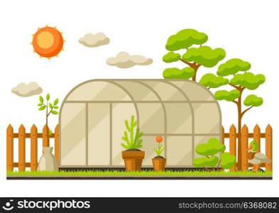 Garden landscape illustration with plants. Season gardening concept. Garden landscape illustration with plants. Season gardening concept.