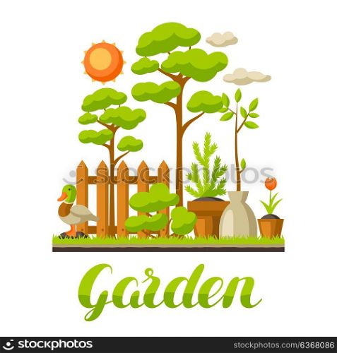 Garden landscape illustration with plants. Season gardening concept. Garden landscape illustration with plants. Season gardening concept.