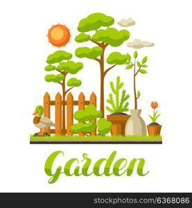 Garden landscape illustration with plants. Season gardening concept. Garden landscape illustration with plants. Season gardening concept.