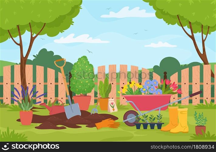 Garden landscape with plants, trees, fence and gardening tools. Wheelbarrow with flowers, plant seeds, shovel. Spring garden vector illustration. Equipment and plants for horticulture. Garden landscape with plants, trees, fence and gardening tools. Wheelbarrow with flowers, plant seeds, shovel. Spring garden vector illustration