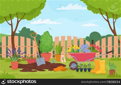 Garden landscape with plants, trees, fence and gardening tools. Wheelbarrow with flowers, plant seeds, shovel. Spring garden vector illustration. Equipment and plants for horticulture. Garden landscape with plants, trees, fence and gardening tools. Wheelbarrow with flowers, plant seeds, shovel. Spring garden vector illustration
