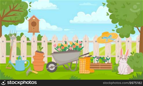 Garden landscape with tools. Cartoon spring poster with yard and fence, wheelbarrow, flowers, seedling and pots. Gardening vector concept. Birdhouse, gumboots and watering can on grass. Garden landscape with tools. Cartoon spring poster with yard and fence, wheelbarrow, flowers, seedling and pots. Gardening vector concept