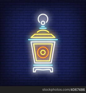 Garden lantern neon sign. Vintage lamp on dark brick wall background. Night bright advertisement. Vector illustration in neon style for decoration or Islamic holiday