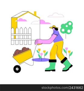 Garden maintenance abstract concept vector illustration. Lawn mowing and fertilization, waste and weed removal, cutting dry diseased branch, shaping plants, landscaping abstract metaphor.. Garden maintenance abstract concept vector illustration.