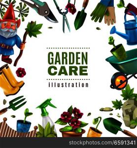 Garden maintenance colorful tools equipment accessories square frame with spade seedlings pruners flowers rake sprayer vector illustration . Garden Maintenance Tools Frame 