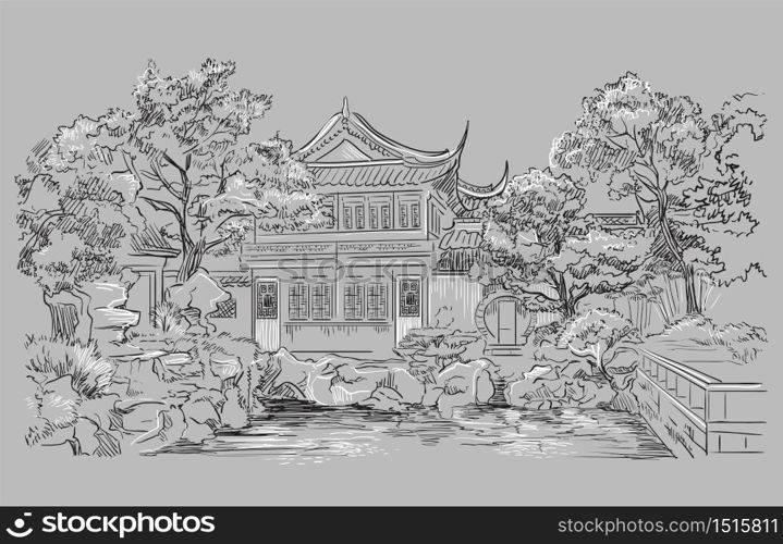 Garden Of Contentment in Shanghai province, landmark of China. Hand drawn vector sketch illustration in monochrome colors isolated on gray background. China travel Concept.