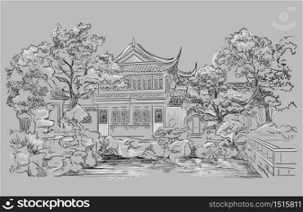 Garden Of Contentment in Shanghai province, landmark of China. Hand drawn vector sketch illustration in monochrome colors isolated on gray background. China travel Concept.