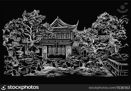 Garden Of Contentment in Shanghai province, landmark of China. Hand drawn vector sketch illustration in white color isolated on black background. China travel Concept. Stock illustration.