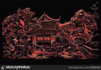 Garden Of Contentment in Shanghai province, landmark of China. Hand drawn vector sketch illustration in monochrome colors isolated on black background. China travel Concept.. Red China hand drawing landmark 9