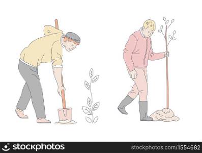 Garden or orchard man planting tree or bush in ground vector male characters in rubber boots and with spade agriculture and gardening plants cultivation sprout in fresh soil farmer or gardener.. Planting tree men in rubber boots and with spade isolated characters