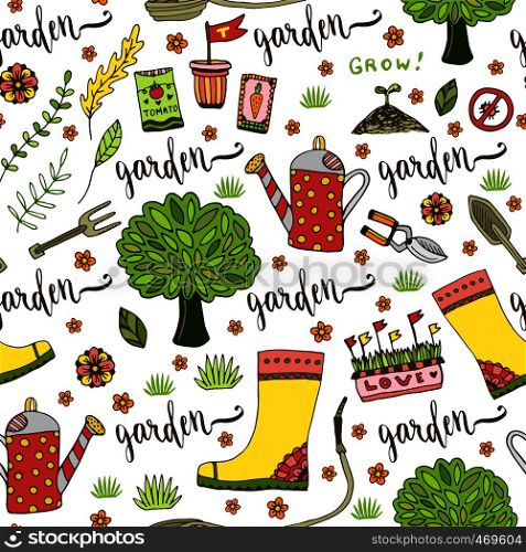 Garden pattern with seed packets, tools, tree and watering can. Vector seamless pattern of gardening tool. Garden pattern with seed packets, tools, tree and watering can. Vector seamless pattern of gardening tools