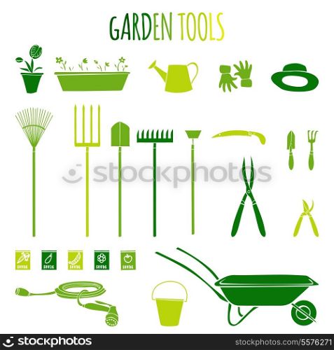 Garden related tools and accessories with plants cartoon pictograms set isolated vector illustration