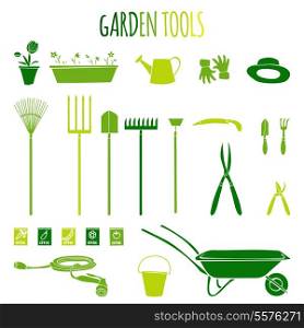 Garden related tools and accessories with plants cartoon pictograms set isolated vector illustration