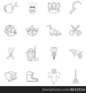 Garden set icons in outline style isolated on white background. Garden icon set outline