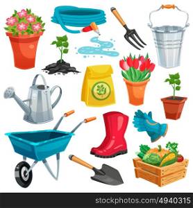 Garden Set With Sprout And Inventory. Garden set with pail watering can rubber boots sprout in pot organic vegetables in container colored isolated icons flat vector illustration