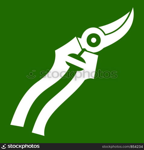 Garden shears icon white isolated on green background. Vector illustration. Garden shears icon green