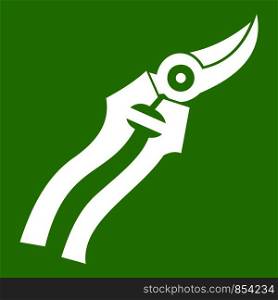 Garden shears icon white isolated on green background. Vector illustration. Garden shears icon green