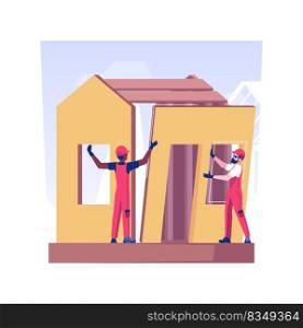 Garden shed installation isolated concept vector illustration. Handyman assembling a garden shed with equipment, residential construction, exterior works, backyard maintenance vector concept.. Garden shed installation isolated concept vector illustration.